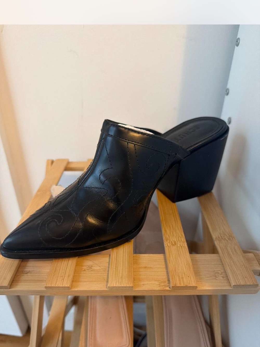 SCHUTZ Black Pointed Leather Mule with Block Heel